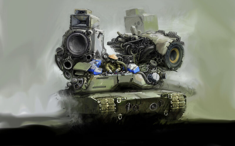 Tank with Speaker System — Green, Dramatic, Digital Art, Engine, Soldier