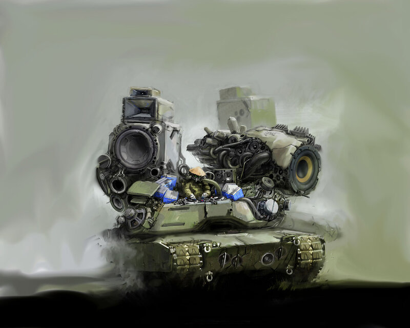 Tank with Speaker System — Green, Dramatic, Digital Art, Engine