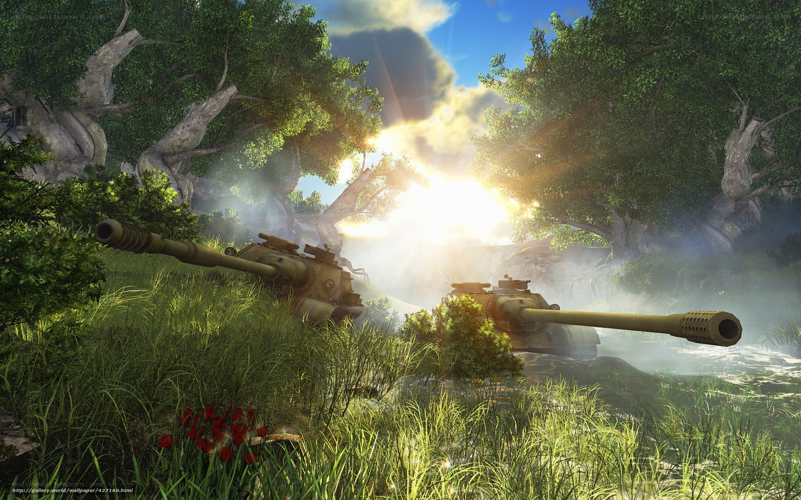 Tanks in a forest at sunrise