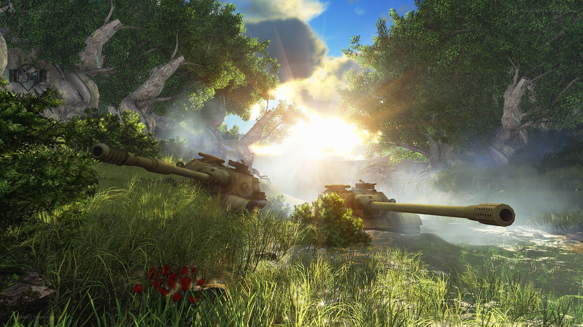 Tanks in a forest at sunrise