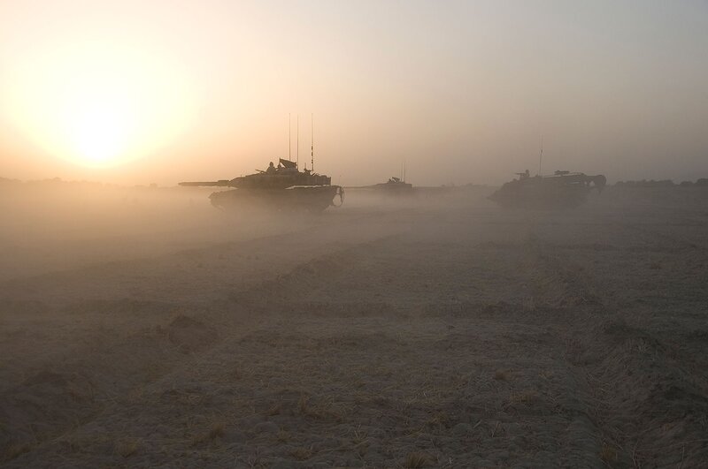 Tanks in Desert — Brown, Dramatic, Sunset, Photograph