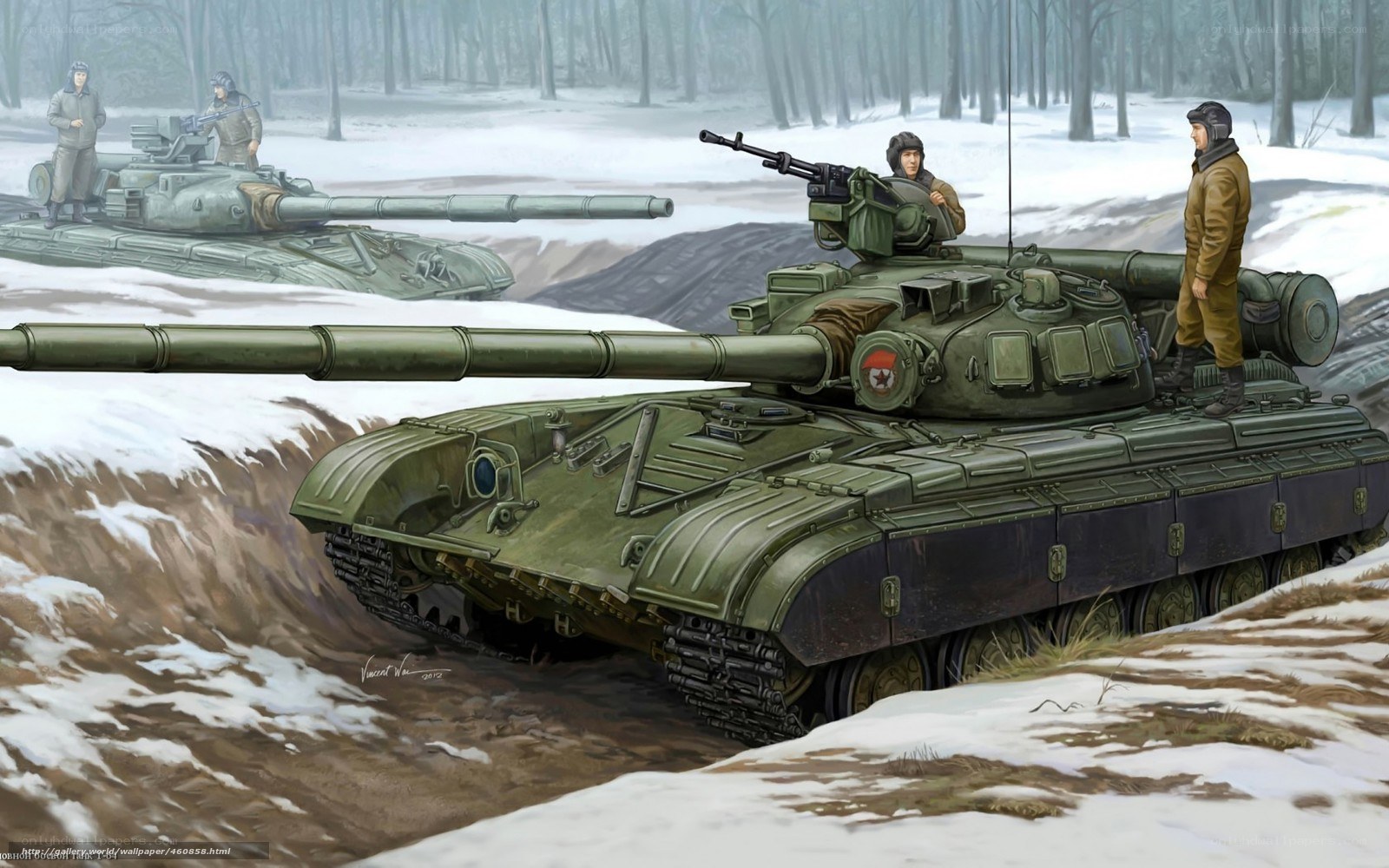 Tanks in snowy forest