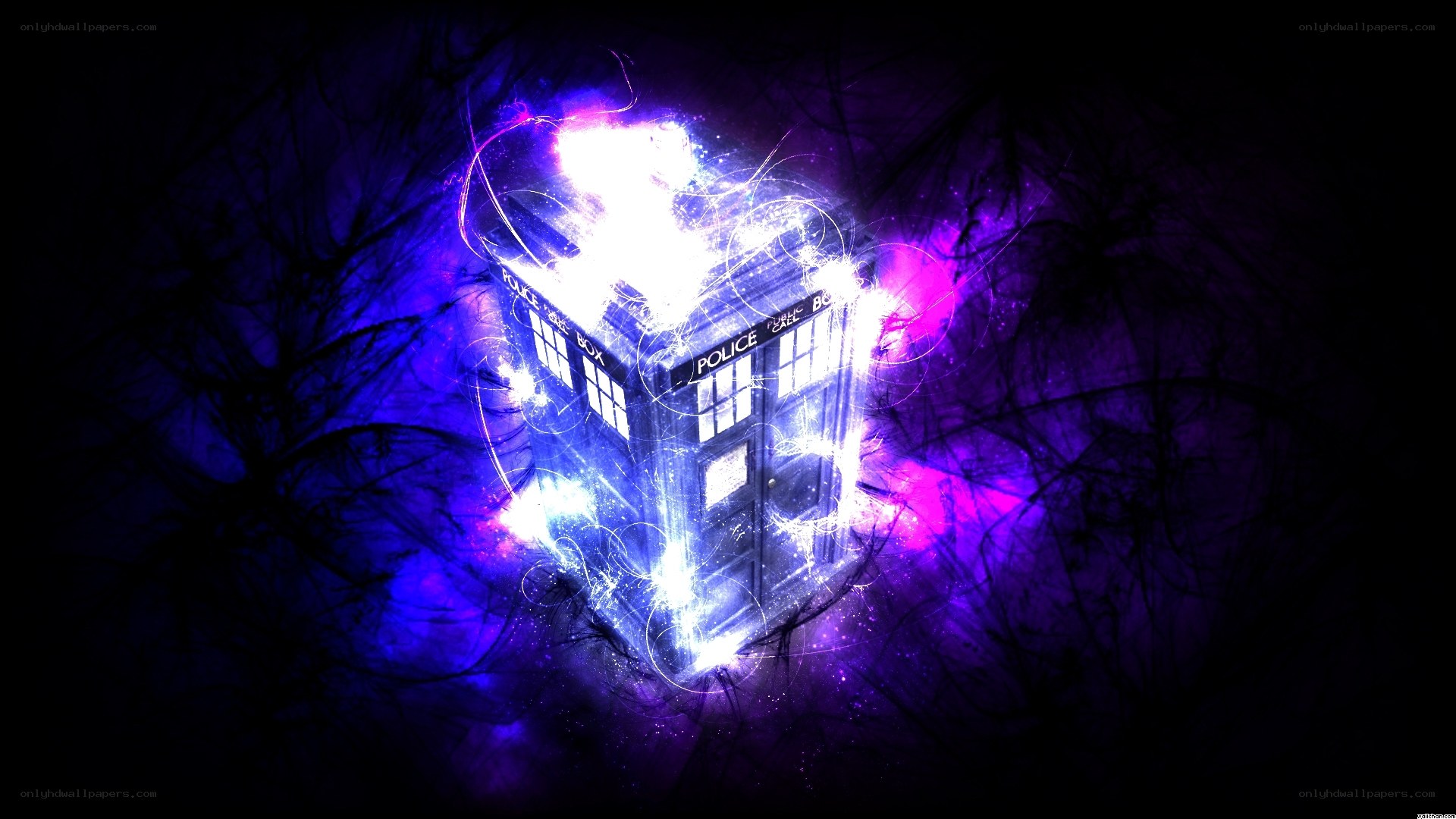 TARDIS glowing in purple light