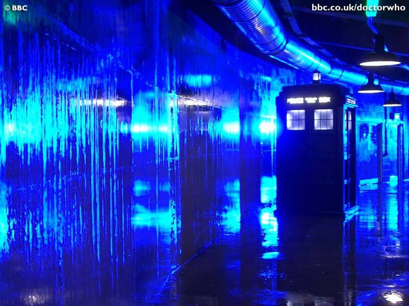 TARDIS in blue-lit corridor