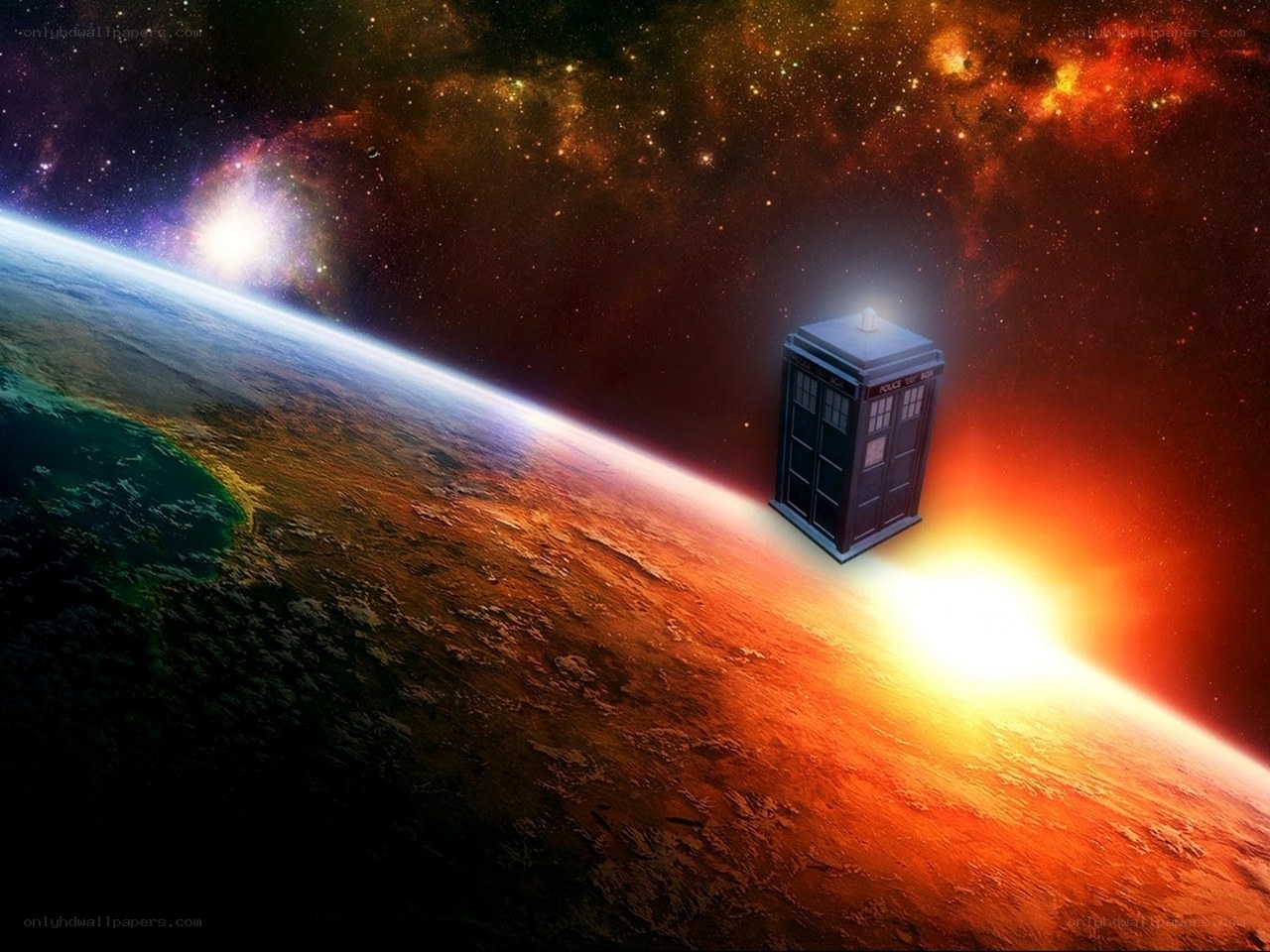 TARDIS in space above a planet