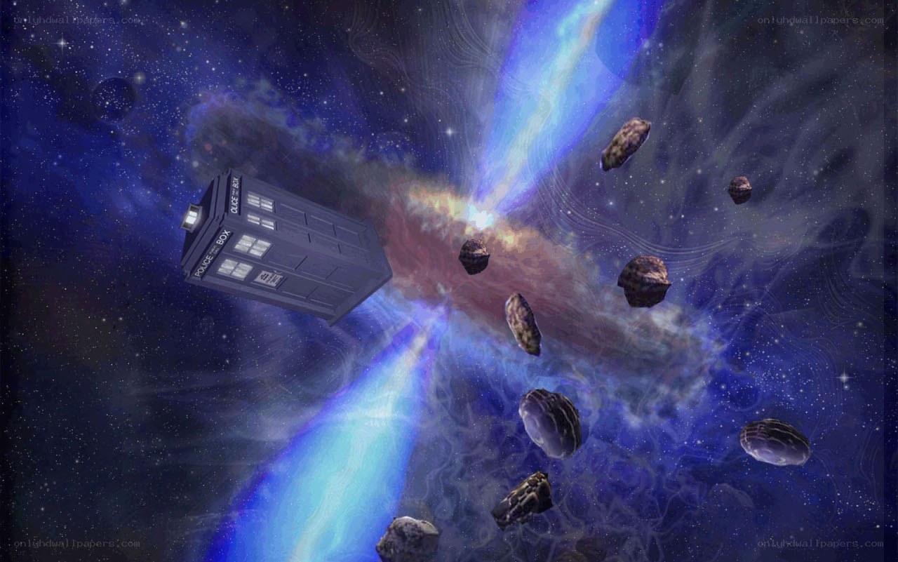 TARDIS in space with asteroids