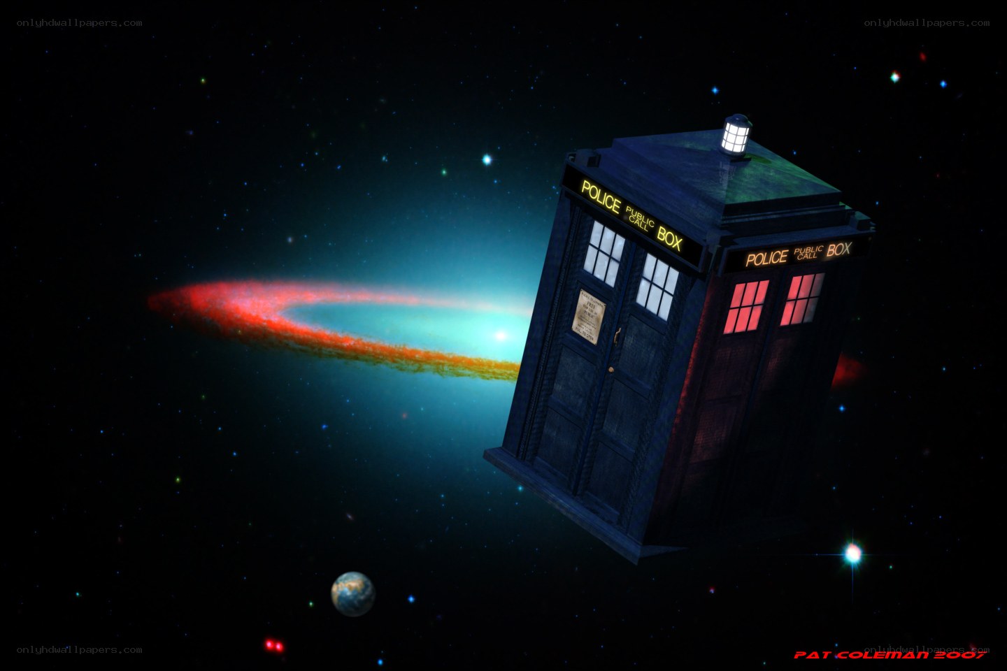 TARDIS in space with galaxy