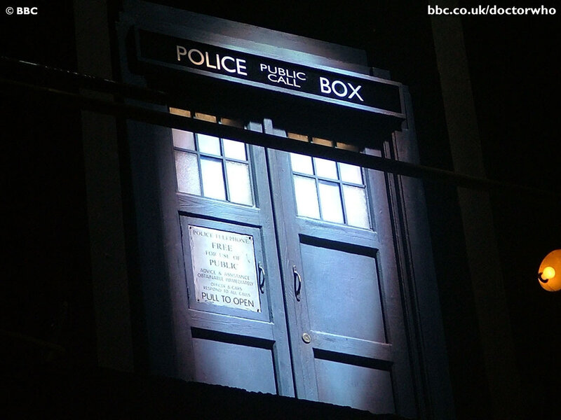 TARDIS police box at night