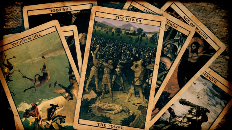 Tarot cards depicting The Tower and others