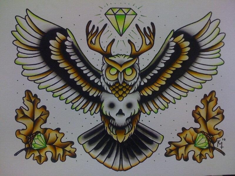 tattoo art with owl and diamond