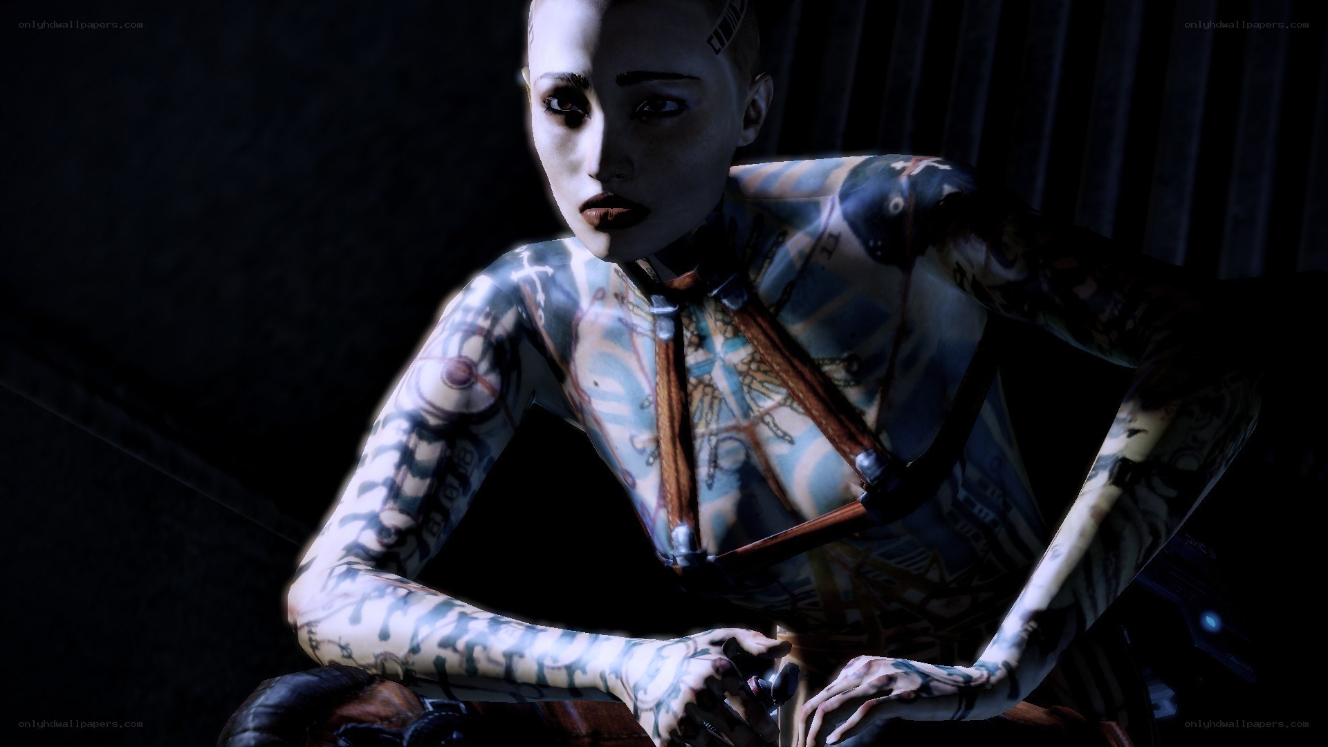 tattooed character in dark setting