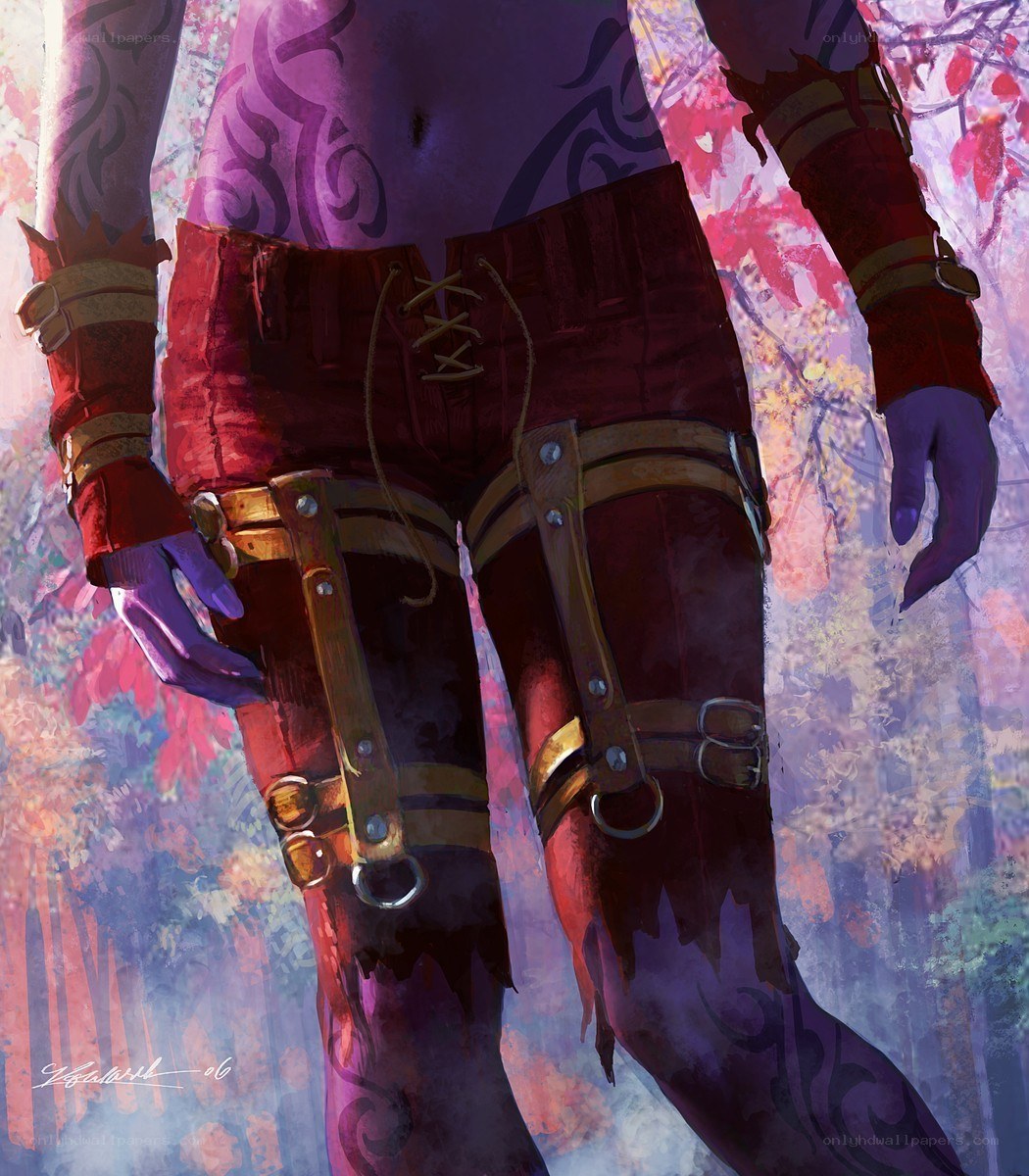 tattooed character in red armor