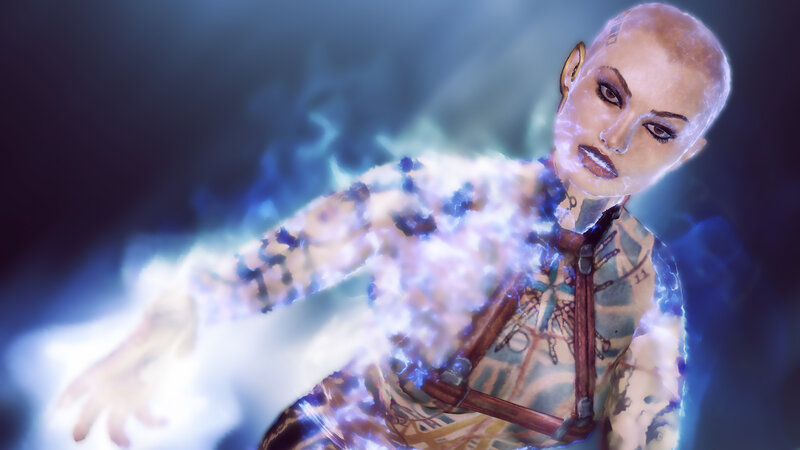 tattooed character with energy aura