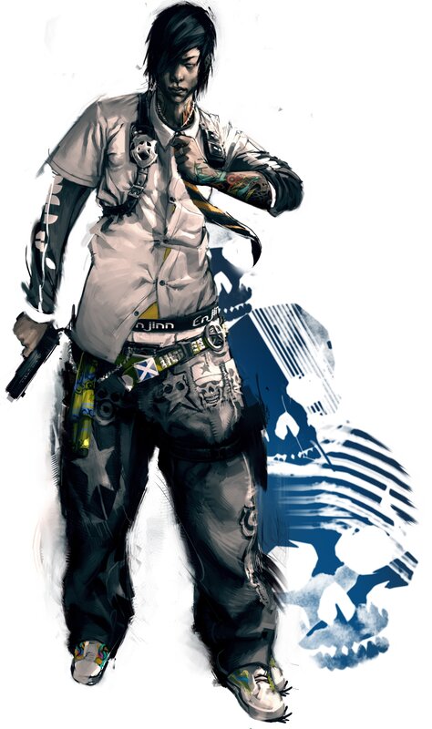 tattooed character with gun