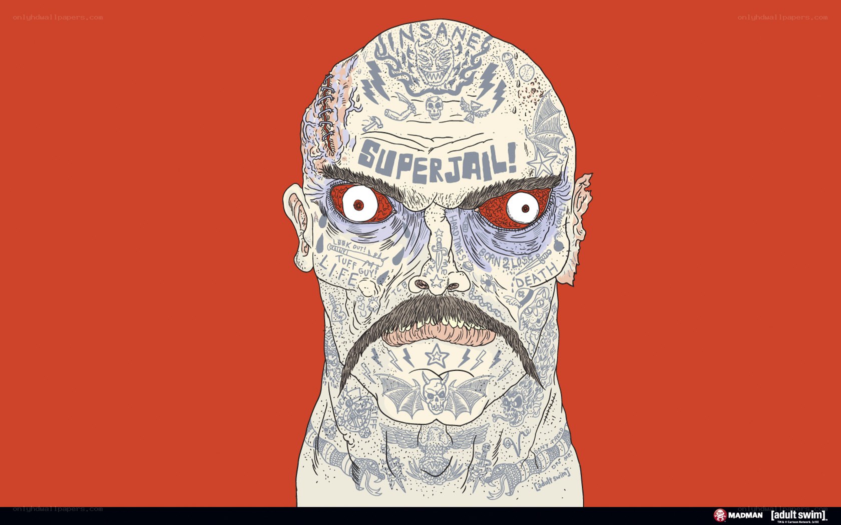 tattooed man with red eyes