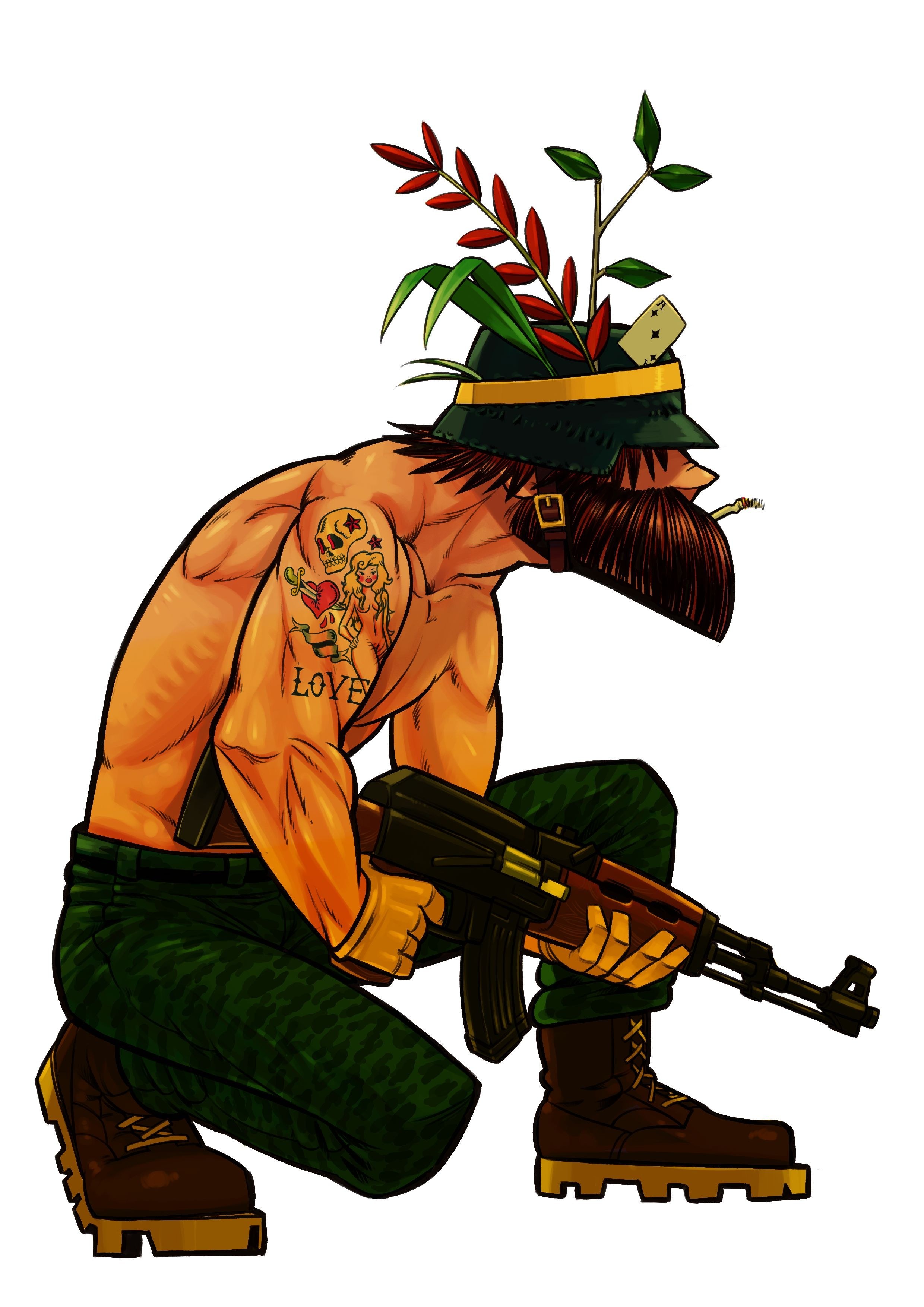 tattooed soldier with rifle