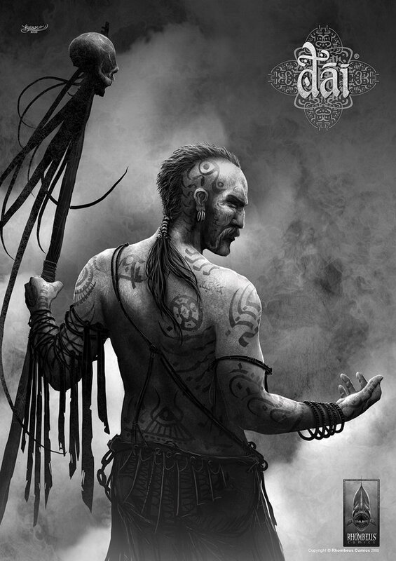 tattooed warrior with skull staff