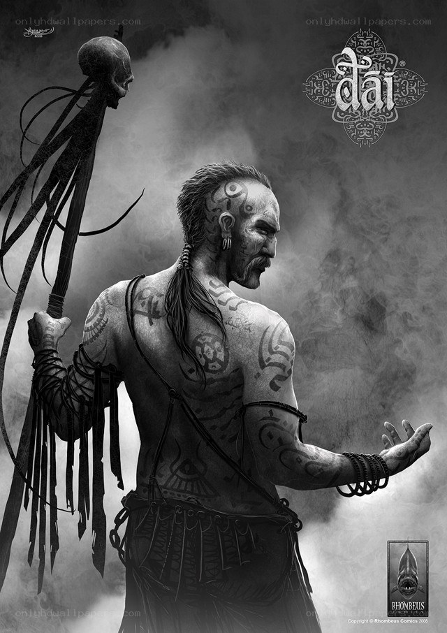 tattooed warrior with skull staff