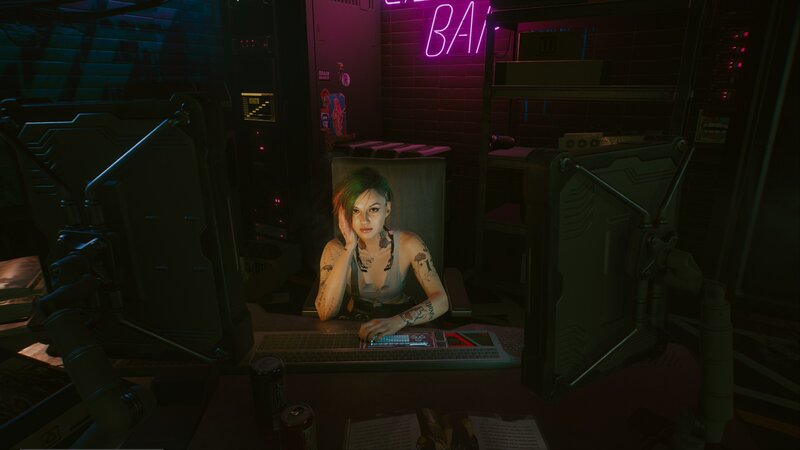 Tattooed Woman at Desk — Purple, Dark, Moody