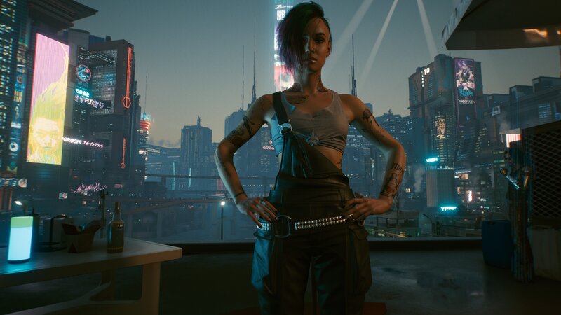 Tattooed Woman in Cyberpunk City — Black