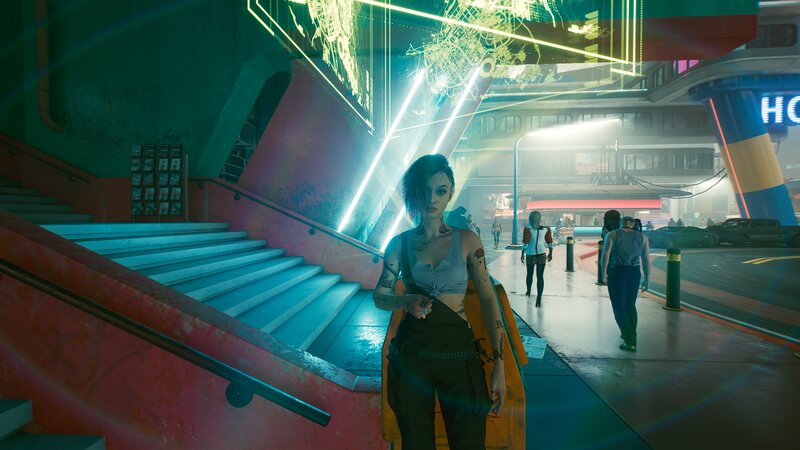 Tattooed Woman in Cyberpunk City — Cyan