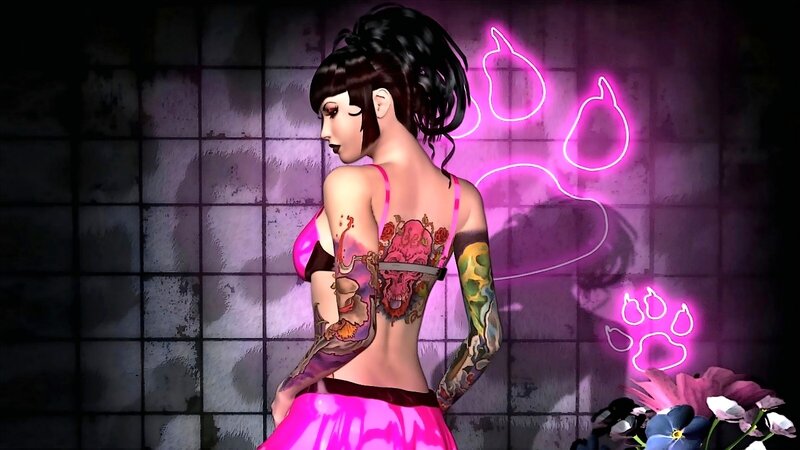 tattooed woman in neon room