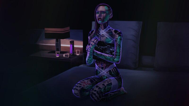 Tattooed Woman on Bed — Purple