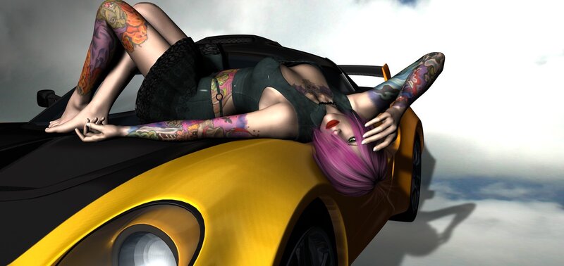 Tattooed Woman on Car