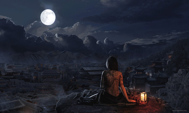 Tattooed Woman on Cliff — Dark Blue