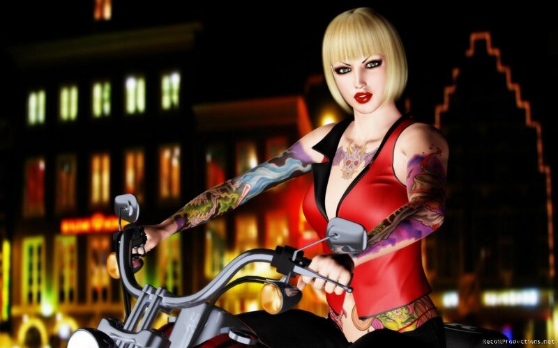 tattooed woman on motorcycle