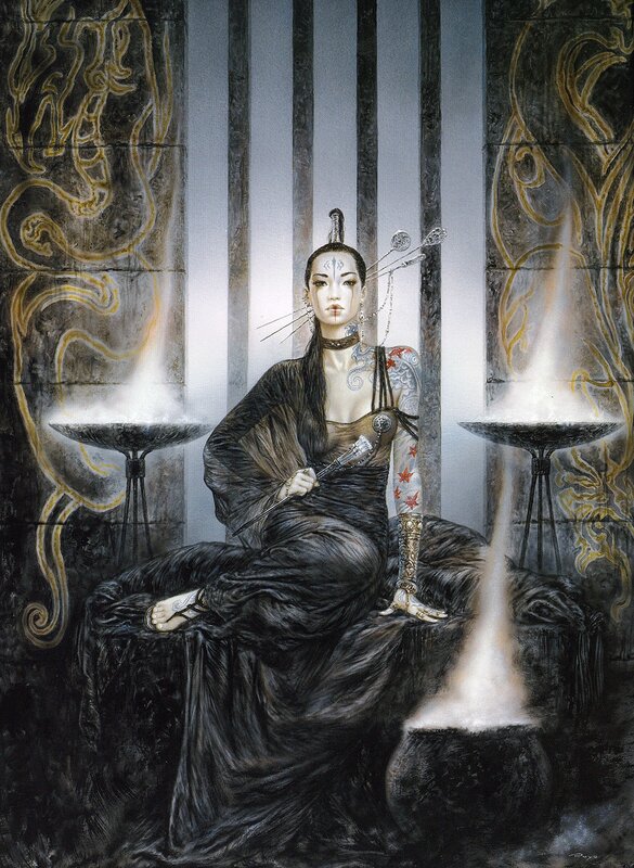 tattooed woman on throne