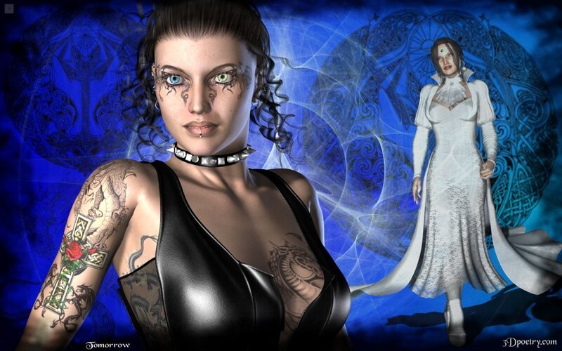 tattooed woman with fantasy background