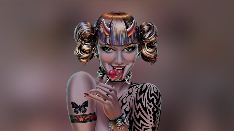 tattooed woman with lollipop