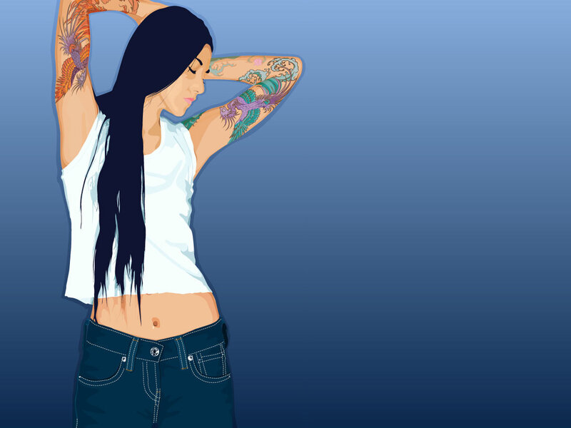 tattooed woman with long hair