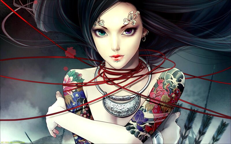 tattooed woman with red threads