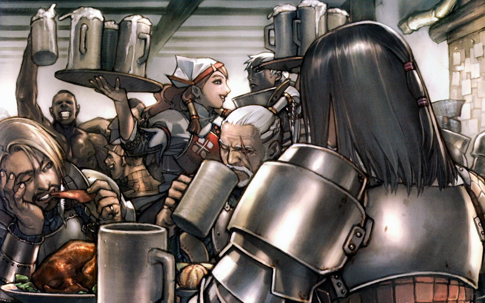 Tavern scene with armored figures