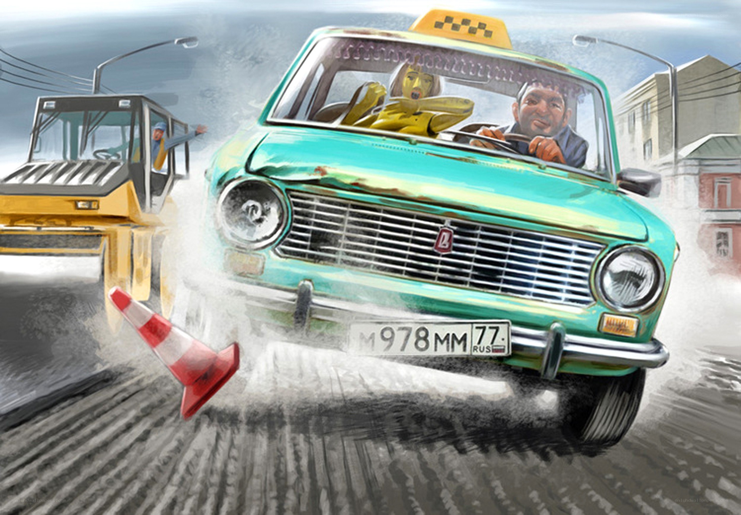 Taxi in a chaotic street