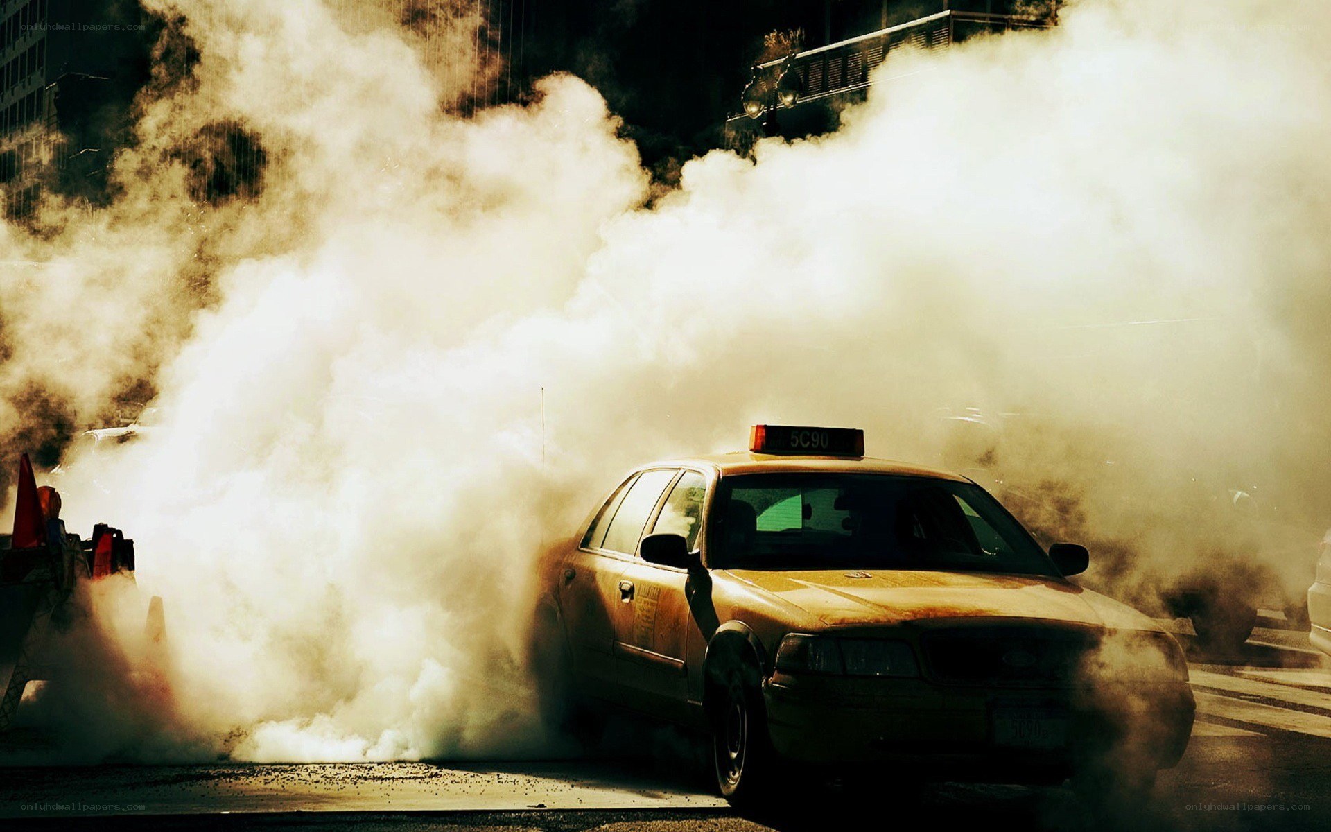 Taxi surrounded by smoke