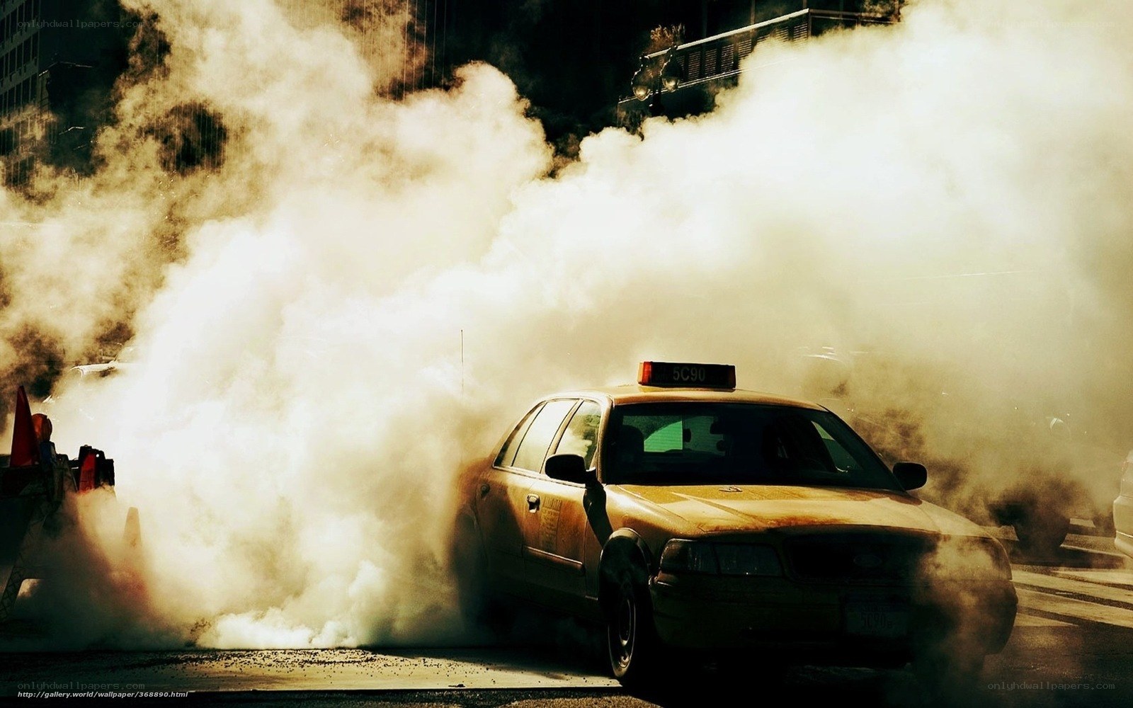 Taxi surrounded by smoke