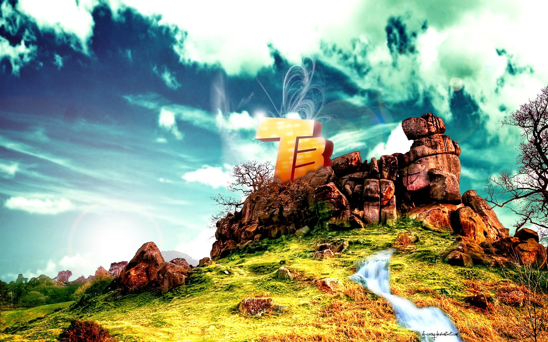 TB logo on a rocky hill