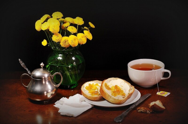 Tea and Bread on Table
