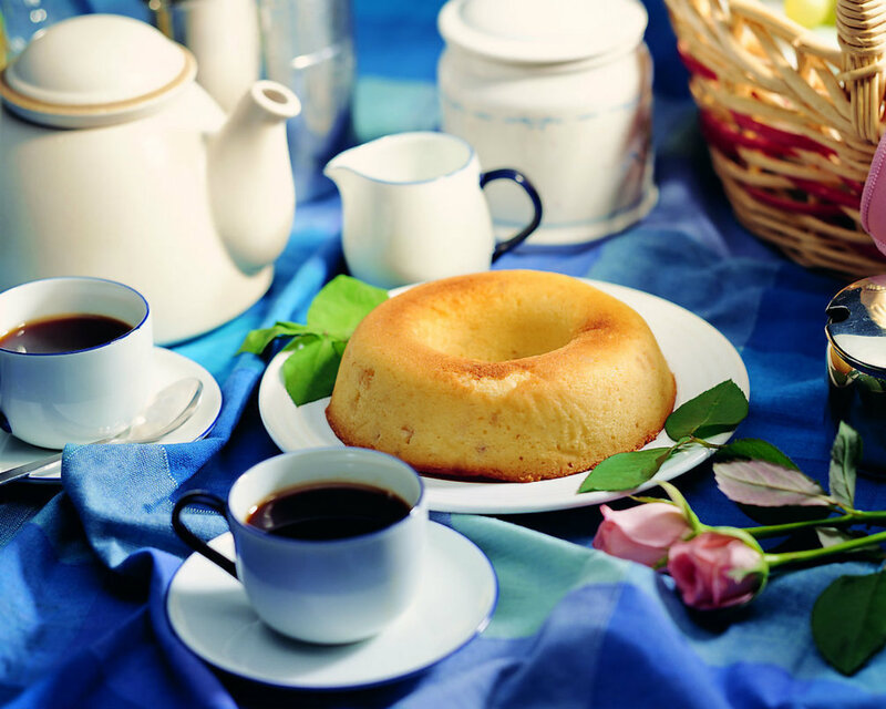 Tea and Cake on Table — Blue, Calm, Morning
