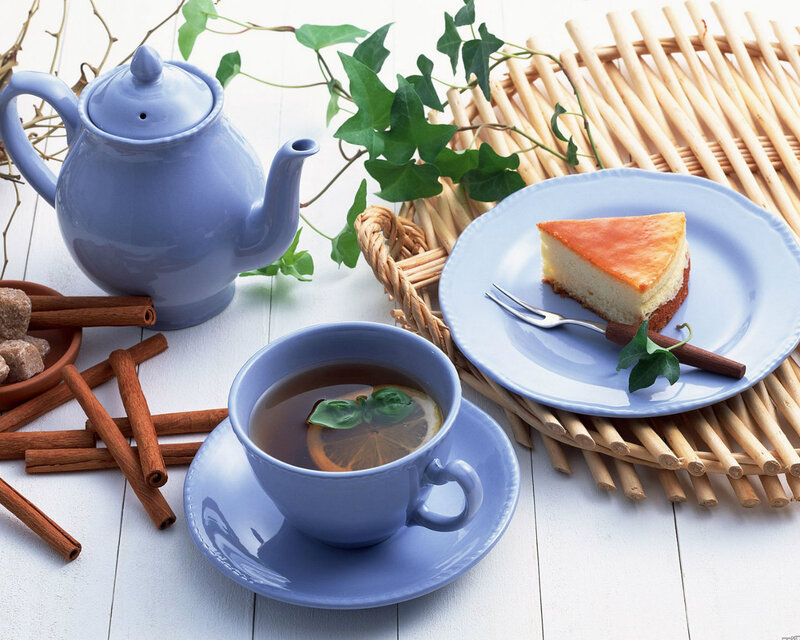 Tea and Cake on Table — Blue, Calm