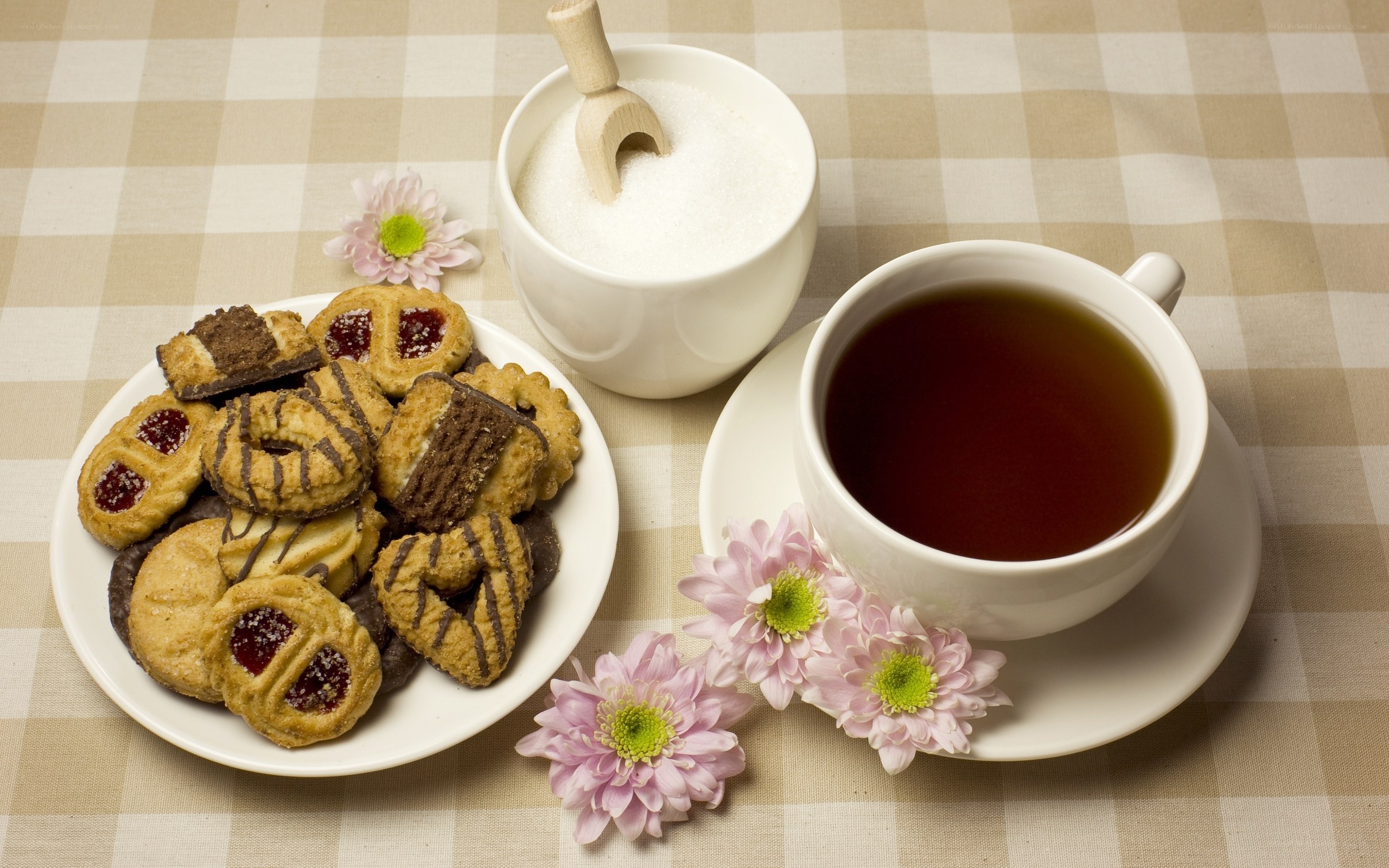 Tea and cookies on checkered table