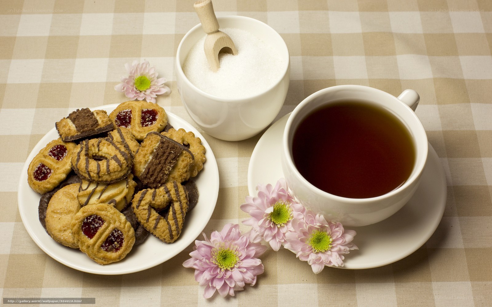 Tea and cookies on checkered table