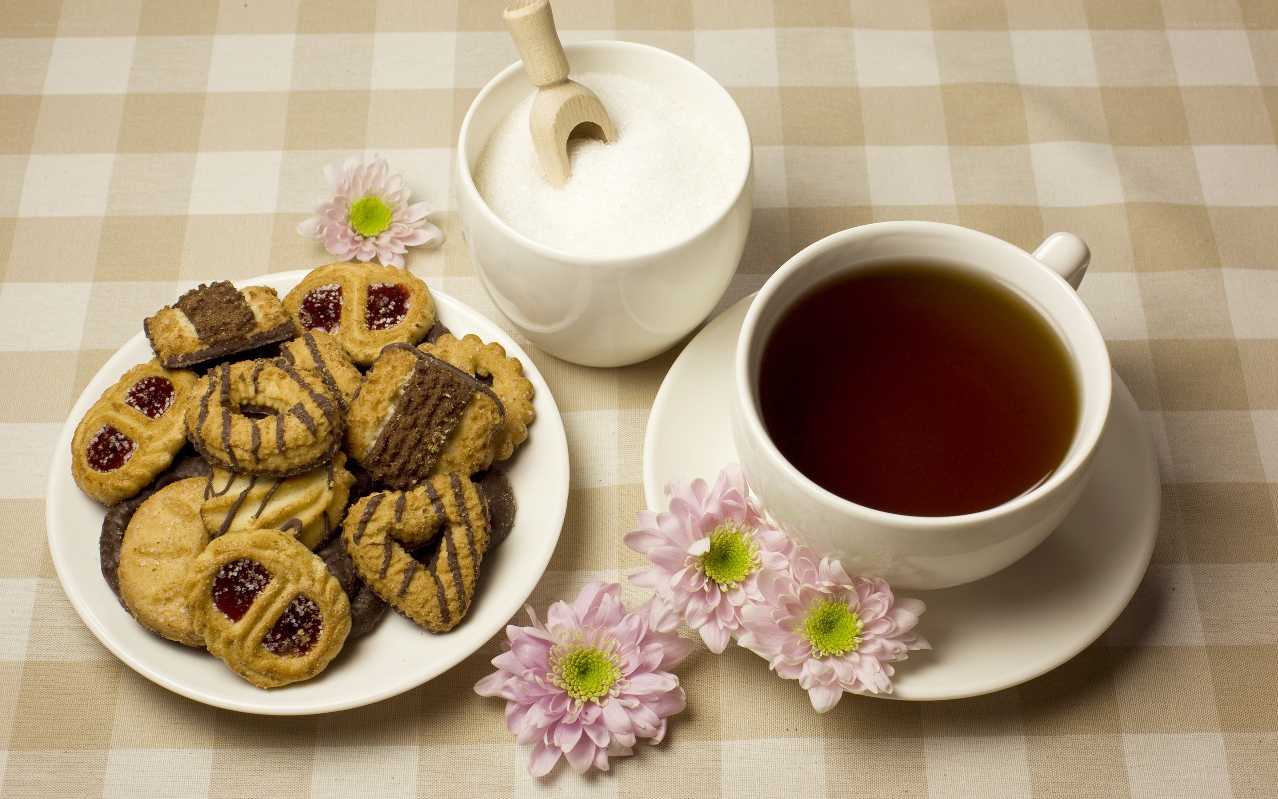 Tea and cookies on checkered table
