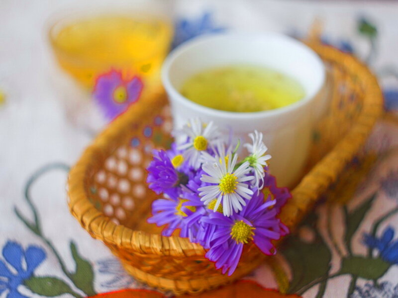 Tea and Flowers in Basket