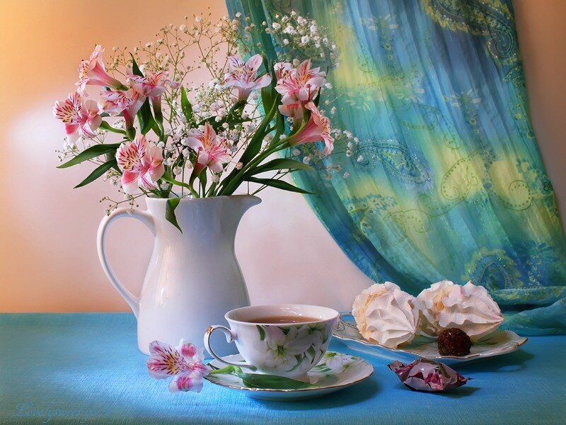 Tea and flowers on a table