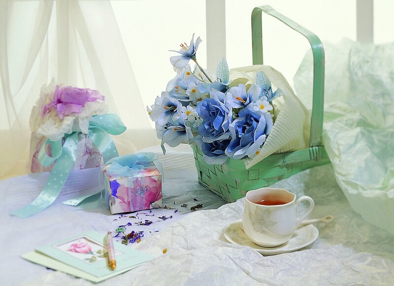 Tea and flowers on a table