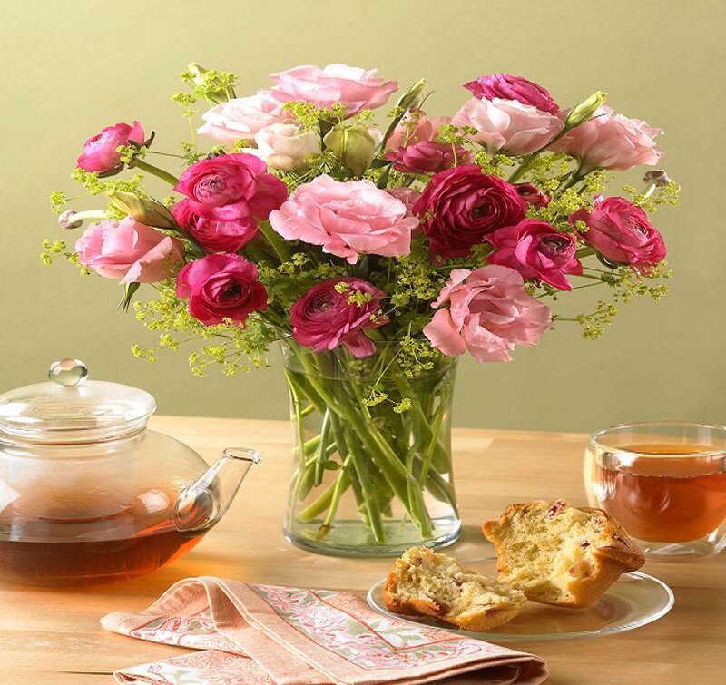 Tea and flowers on a table